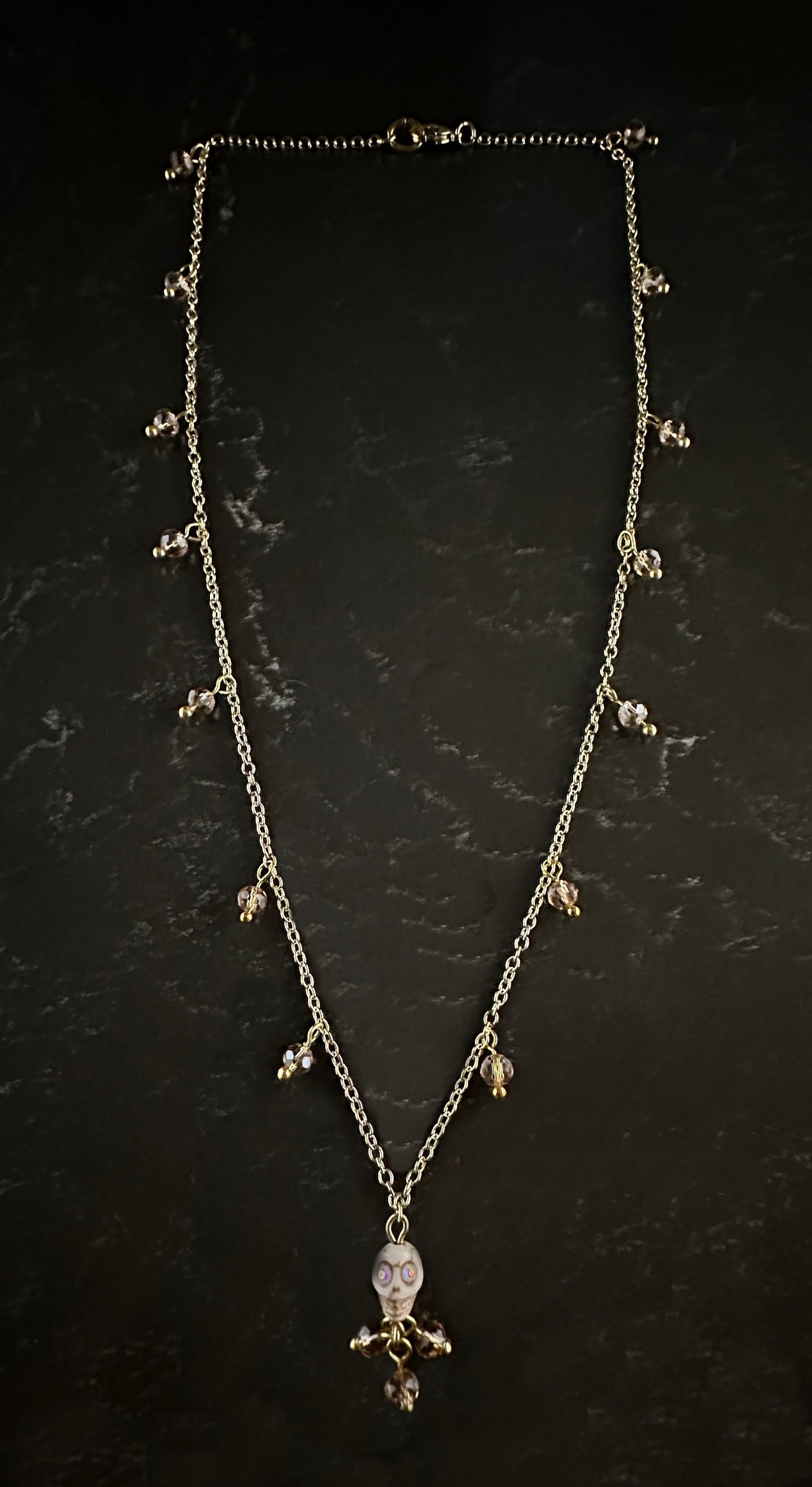 Dia De Los Muertos, Gothic, Fine Jewelry, Bead Drop With Sugar Skull, Gold Plated Necklace
