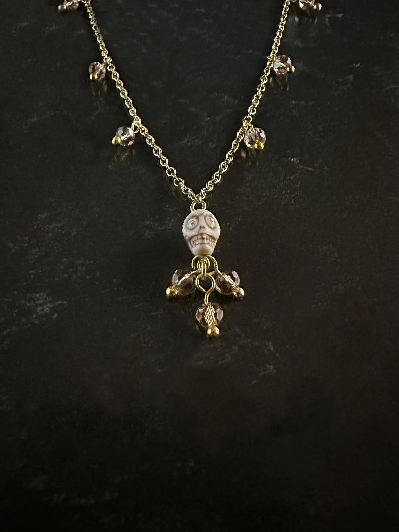 Dia De Los Muertos, Gothic, Fine Jewelry, Bead Drop With Sugar Skull, Gold Plated Necklace