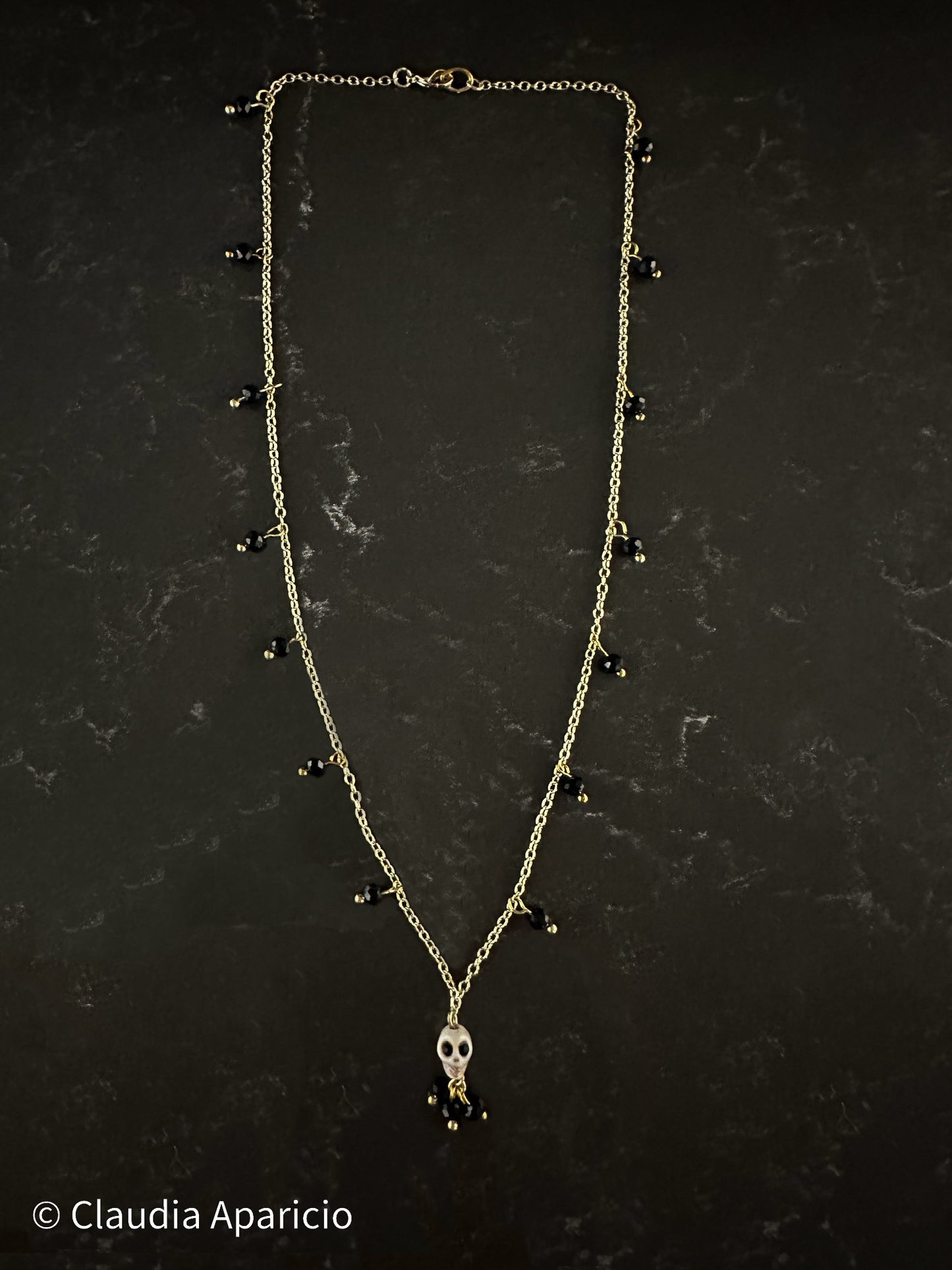 Dia De Los Muertos, Gothic, Fine Jewelry, Bead Drop With Sugar Skull, Gold Plated Necklace