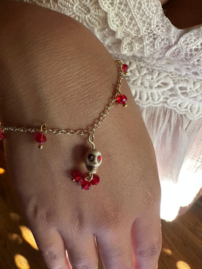 Dia De Los Muertos, Gothic, Fine Jewelry, Bead Drop With Sugar Skull Gold/Silver Plated Bracelet