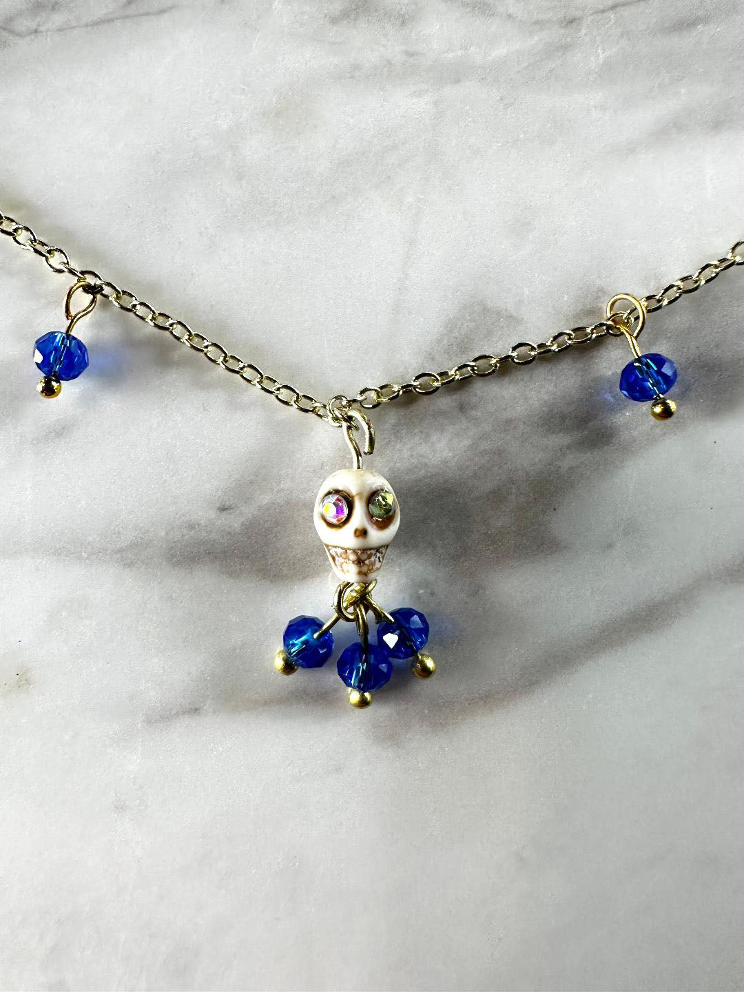 Dia De Los Muertos, Gothic, Fine Jewelry, Bead Drop With Sugar Skull, Gold Plated Necklace