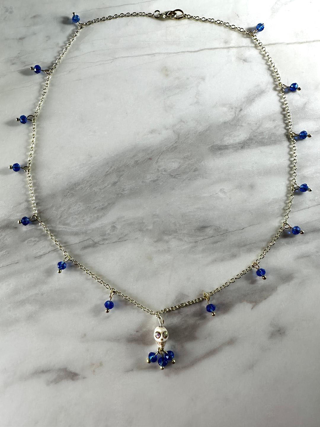 Dia De Los Muertos, Gothic, Fine Jewelry, Bead Drop With Sugar Skull, Gold Plated Necklace
