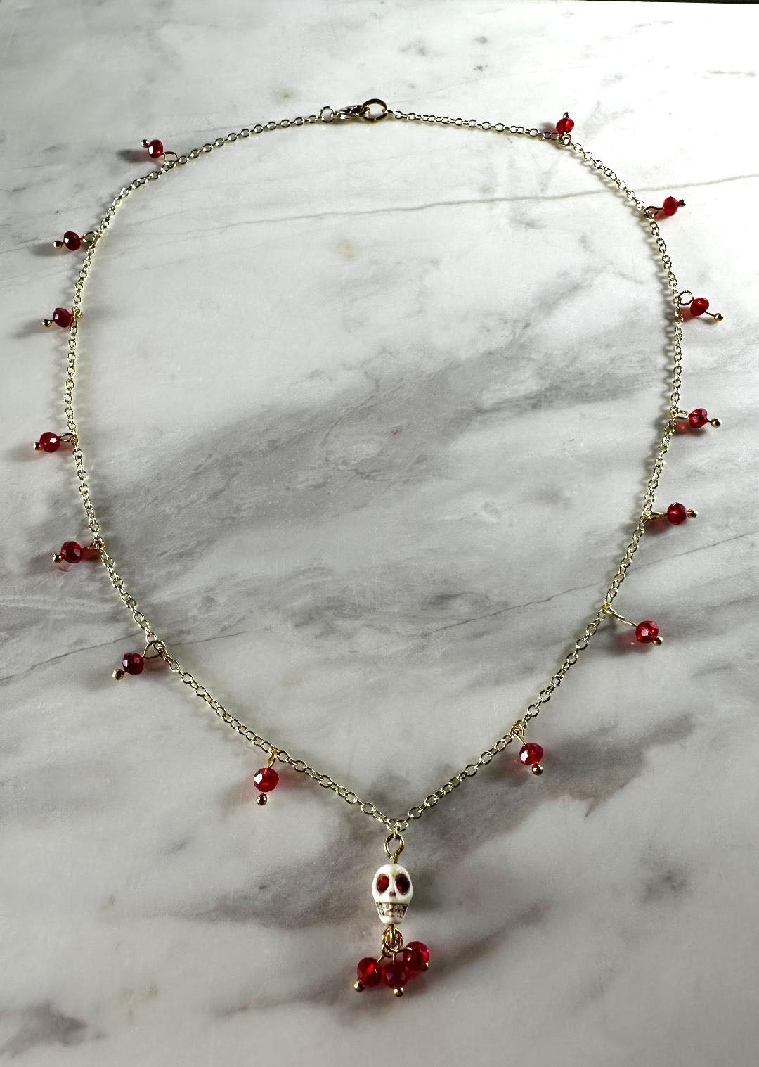 Dia De Los Muertos, Gothic, Fine Jewelry, Bead Drop With Sugar Skull, Gold Plated Necklace