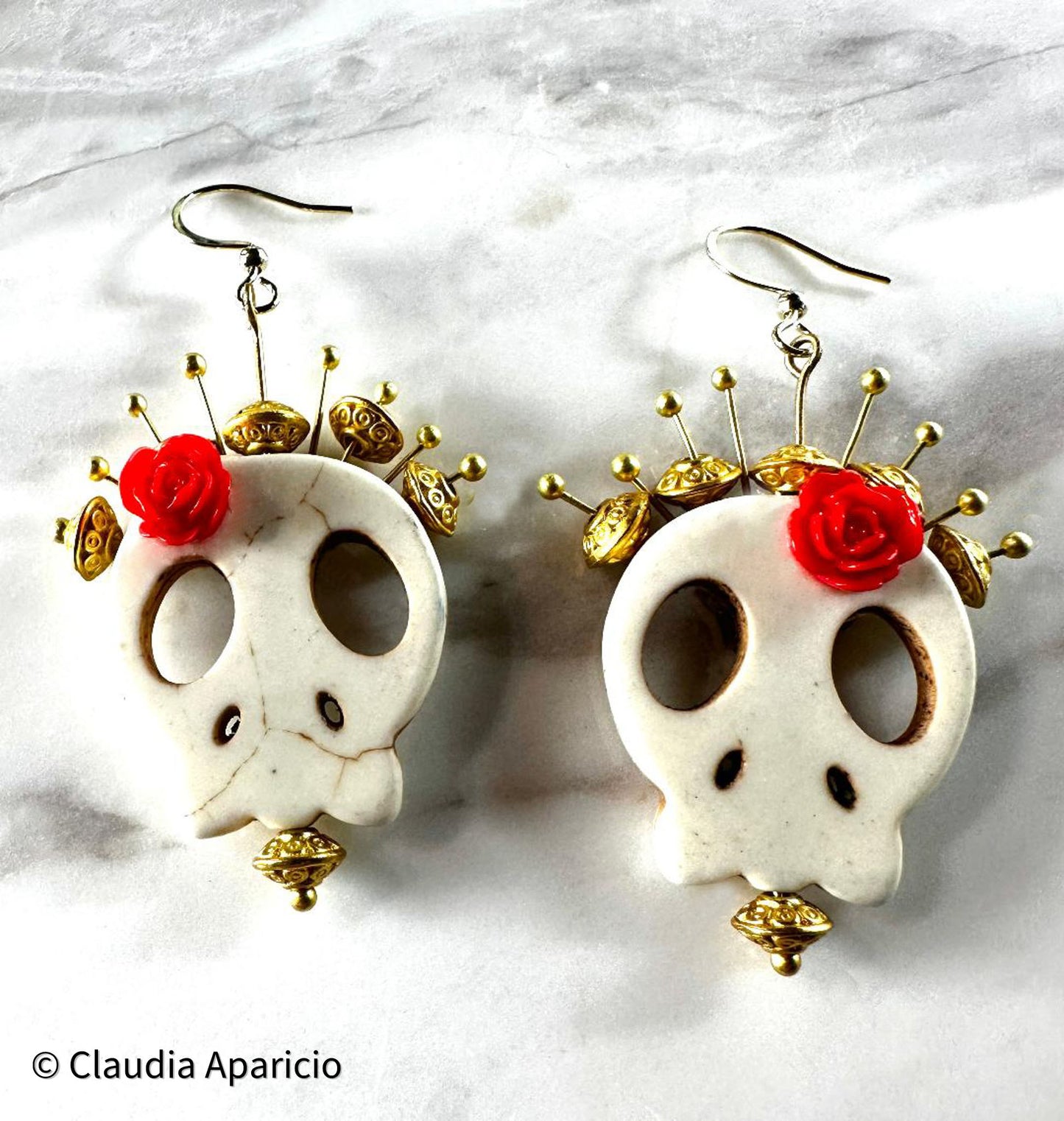 Dia De Los Muertos, This Design First Created Here, Gothic, Fine Jewelry, Sugar Skull with Red Rose With Gold Plated Crown