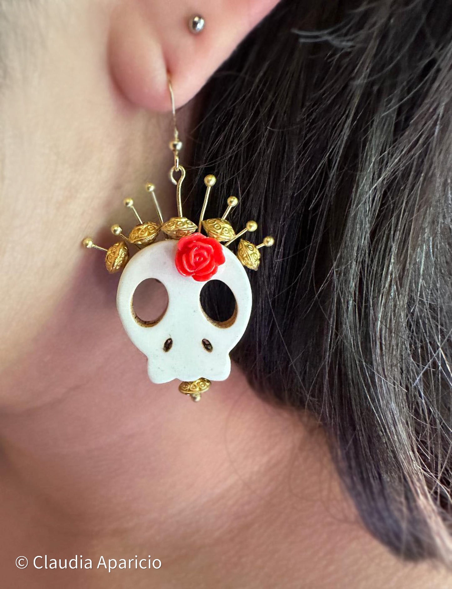 Dia De Los Muertos, This Design First Created Here, Gothic, Fine Jewelry, Sugar Skull with Red Rose With Gold Plated Crown