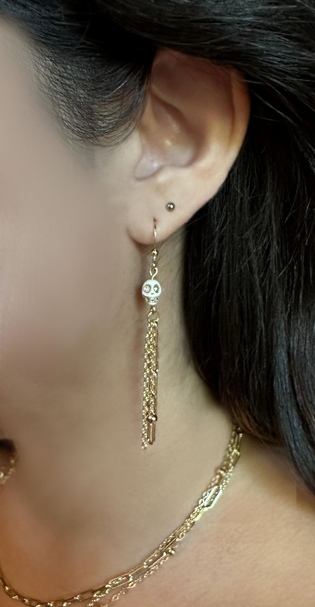 Dia De Los Muertos, Gothic, Fine Jewelry, Triple Chain Gold Or Silver Plated Tassel With Sugar Skull Earrings