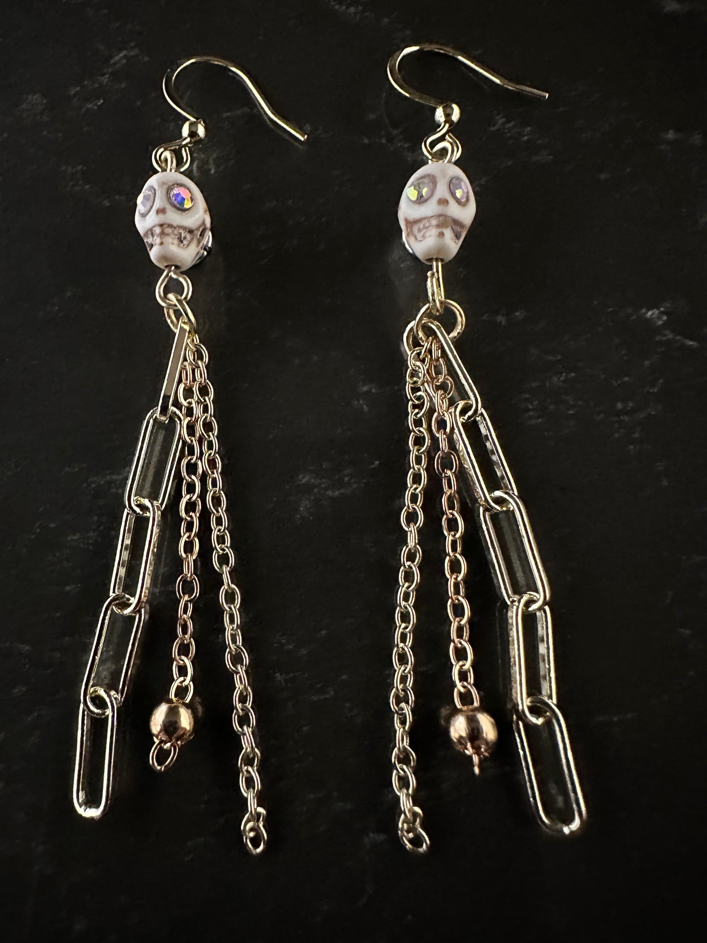 Dia De Los Muertos, Gothic, Fine Jewelry, Triple Chain Gold Or Silver Plated Tassel With Sugar Skull Earrings