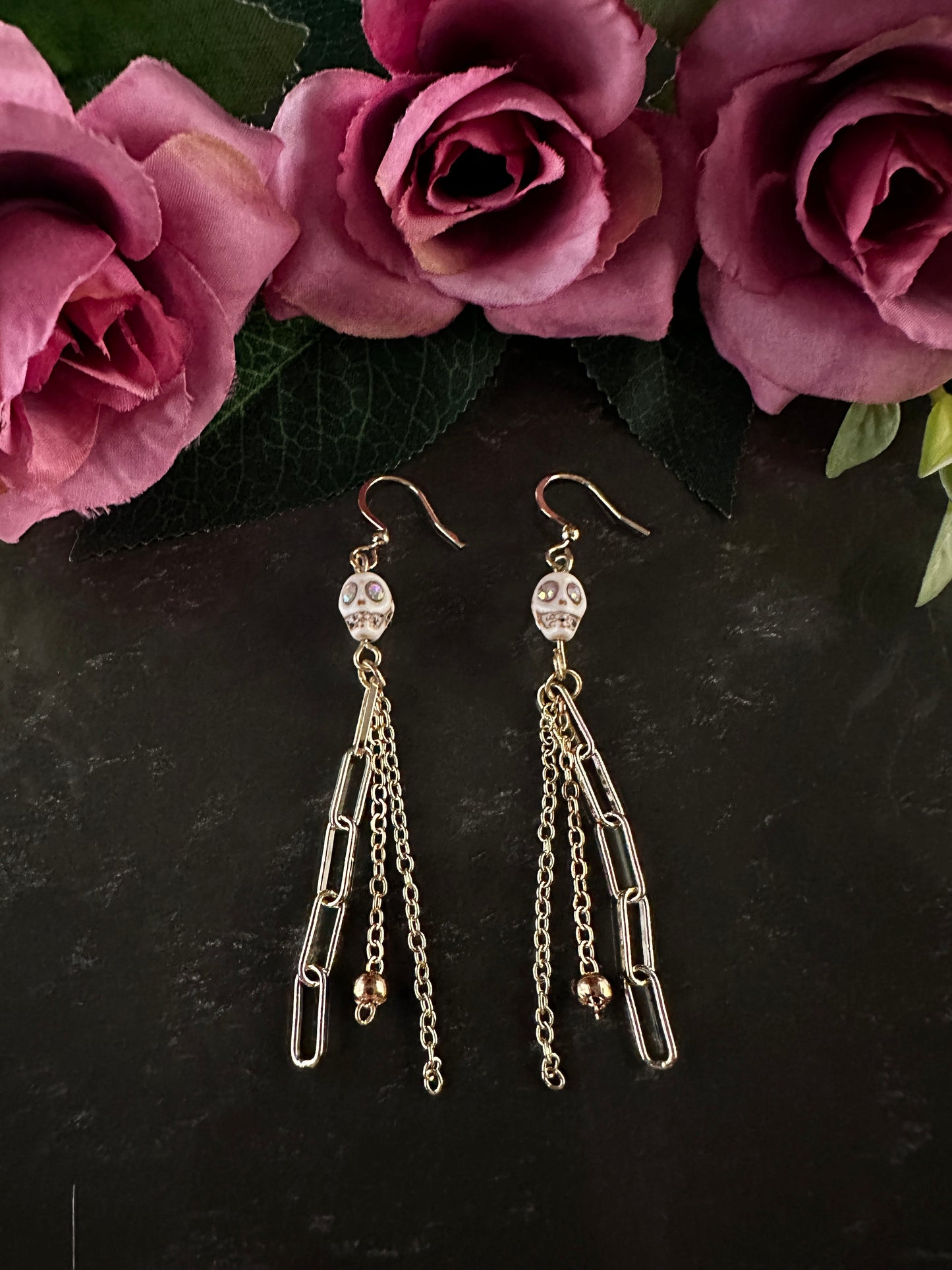 Dia De Los Muertos, Gothic, Fine Jewelry, Triple Chain Gold Or Silver Plated Tassel With Sugar Skull Earrings