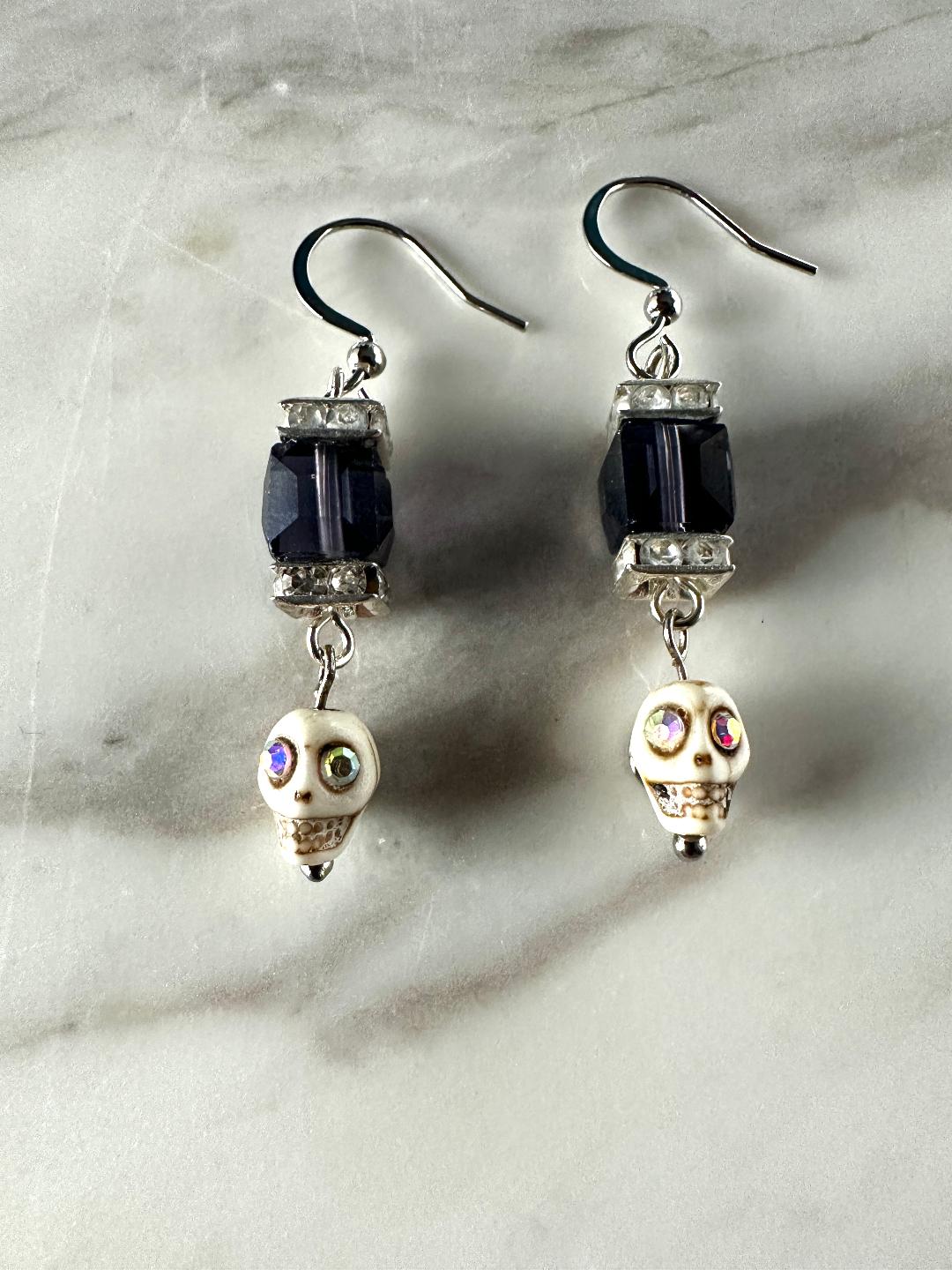 Dia De Los Muertos, Gothic, Hand Made, Fine Jewelry, Square Bead With Sugar Skull Silver Plated Earrings