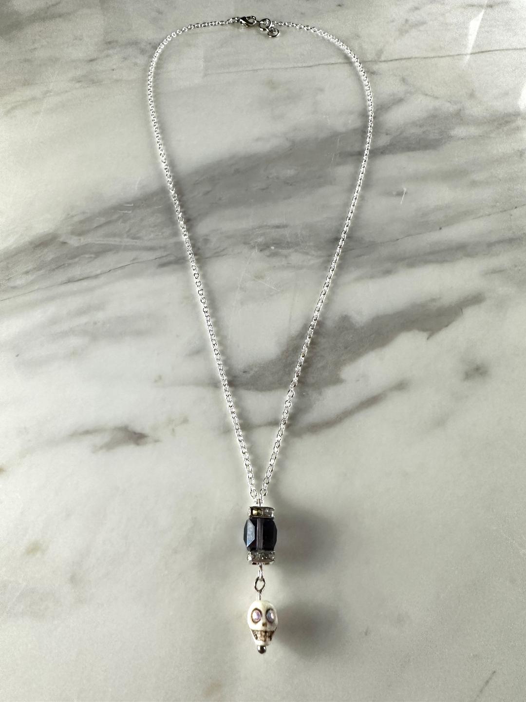 Dia De Los Muertos, Gothic, Hand Made, Fine Jewelry, Square Bead With Sugar Skull Silver Plated Necklace
