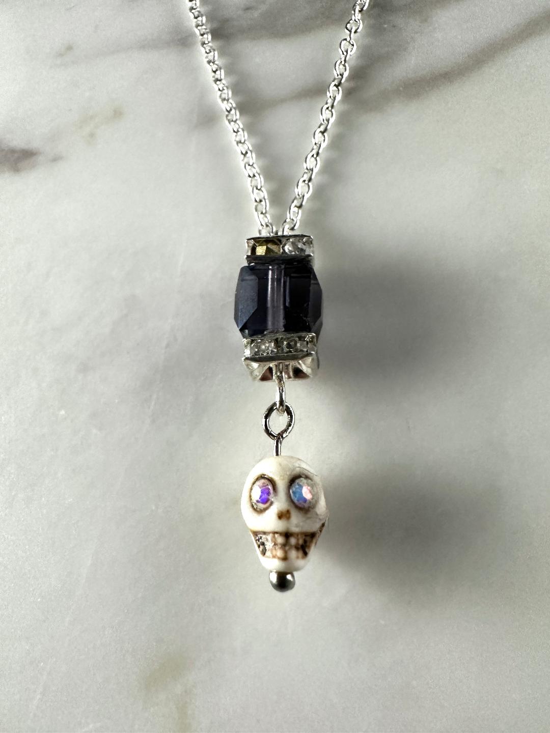 Dia De Los Muertos, Gothic, Hand Made, Fine Jewelry, Square Bead With Sugar Skull Silver Plated Necklace