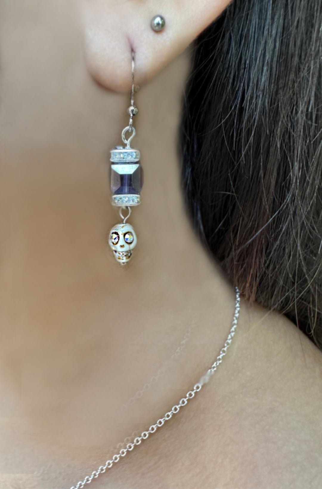 Dia De Los Muertos, Gothic, Hand Made, Fine Jewelry, Square Bead With Sugar Skull Silver Plated Necklace