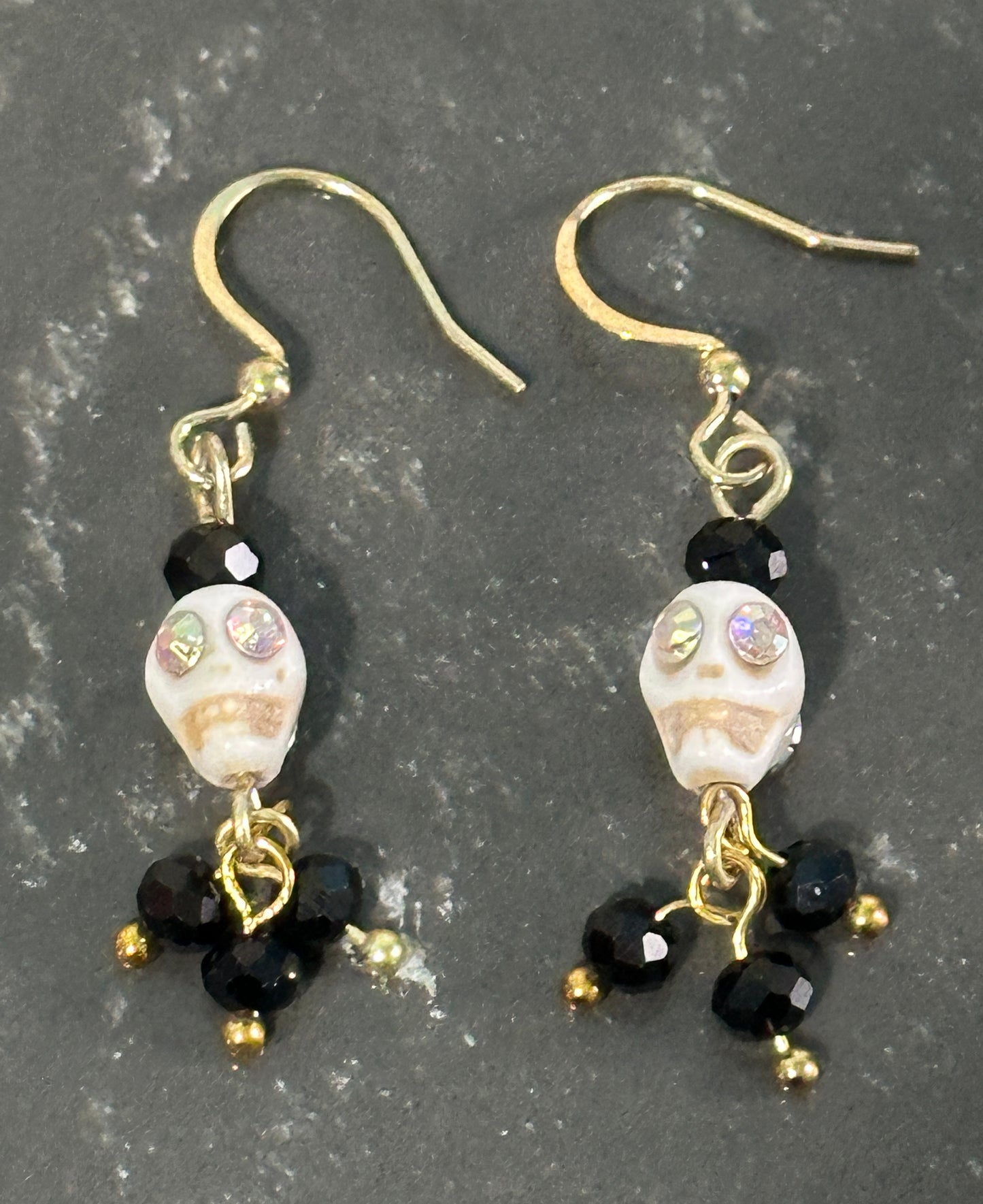 Dia De Los Muertos, Gothic, Fine Jewelry, Bead Drop With Sugar Skull, Gold Plated Earrings