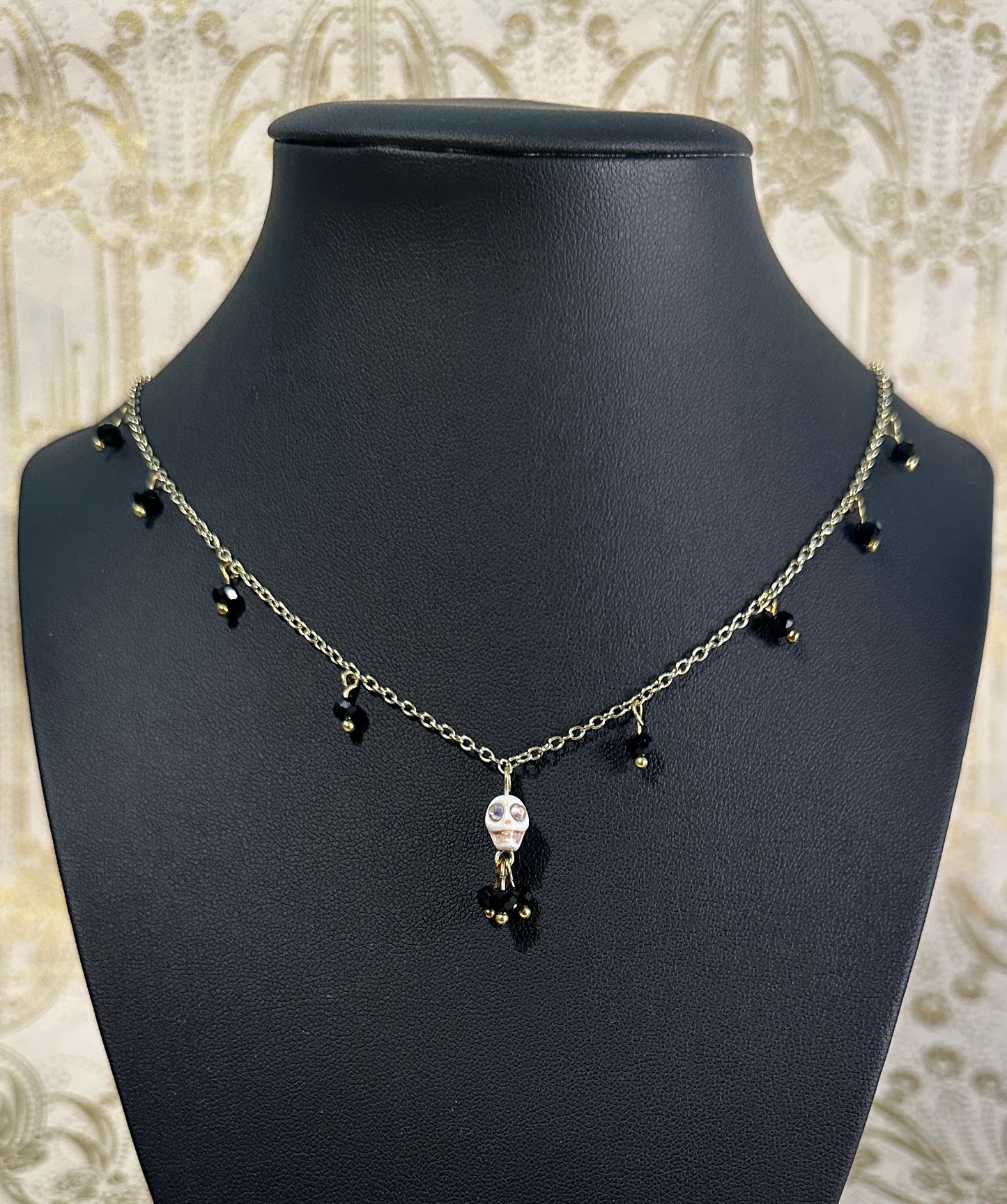 Dia De Los Muertos, Gothic, Fine Jewelry, Bead Drop With Sugar Skull, Gold Plated Necklace