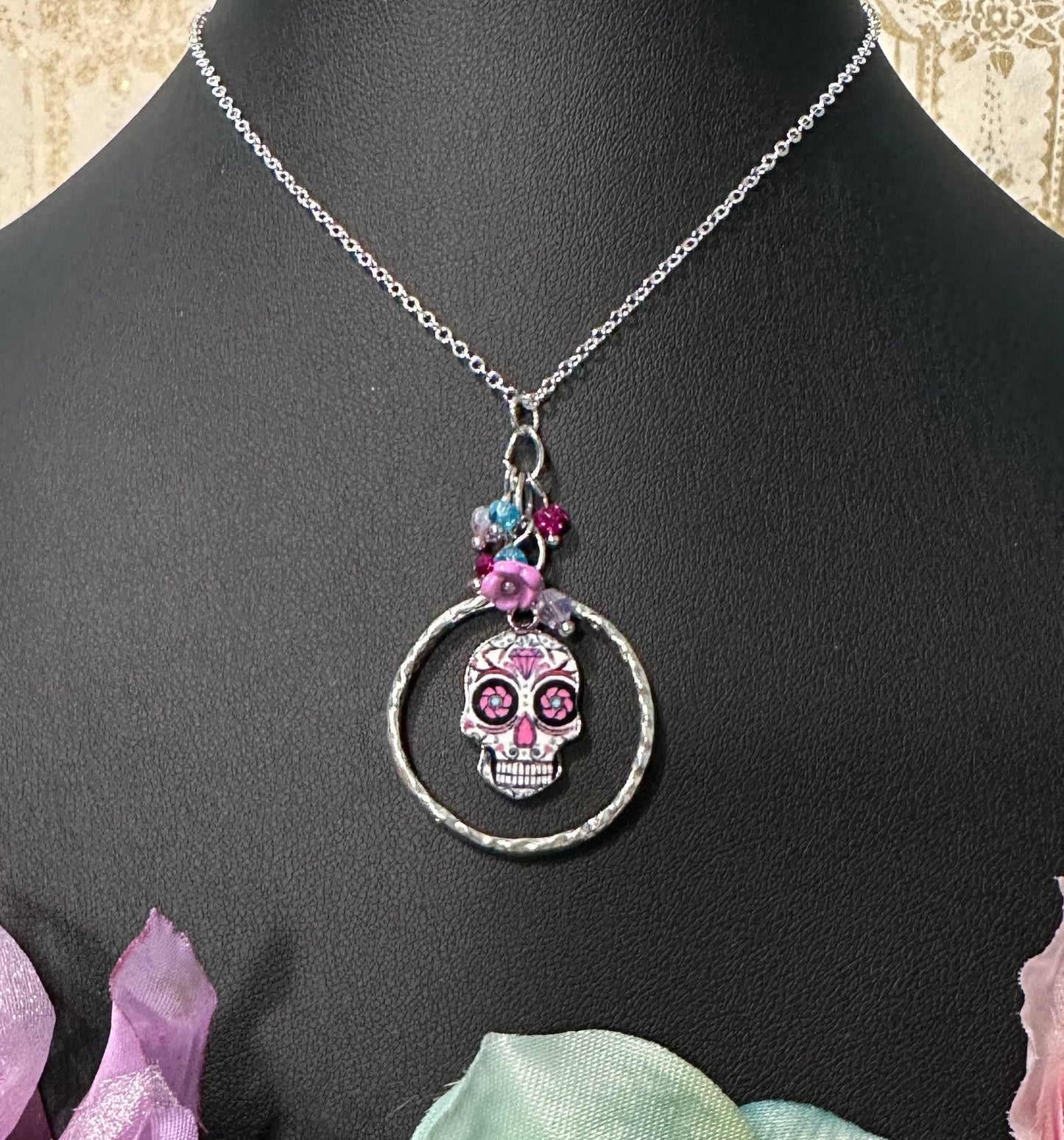 Sugar Skull with flower, beads & "O" ring Necklace