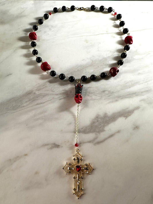 Dia de los Muertos, Gothic, Fine Jewelry, Rosary Inspired Black & Red Beads with Gold Cross Necklace
