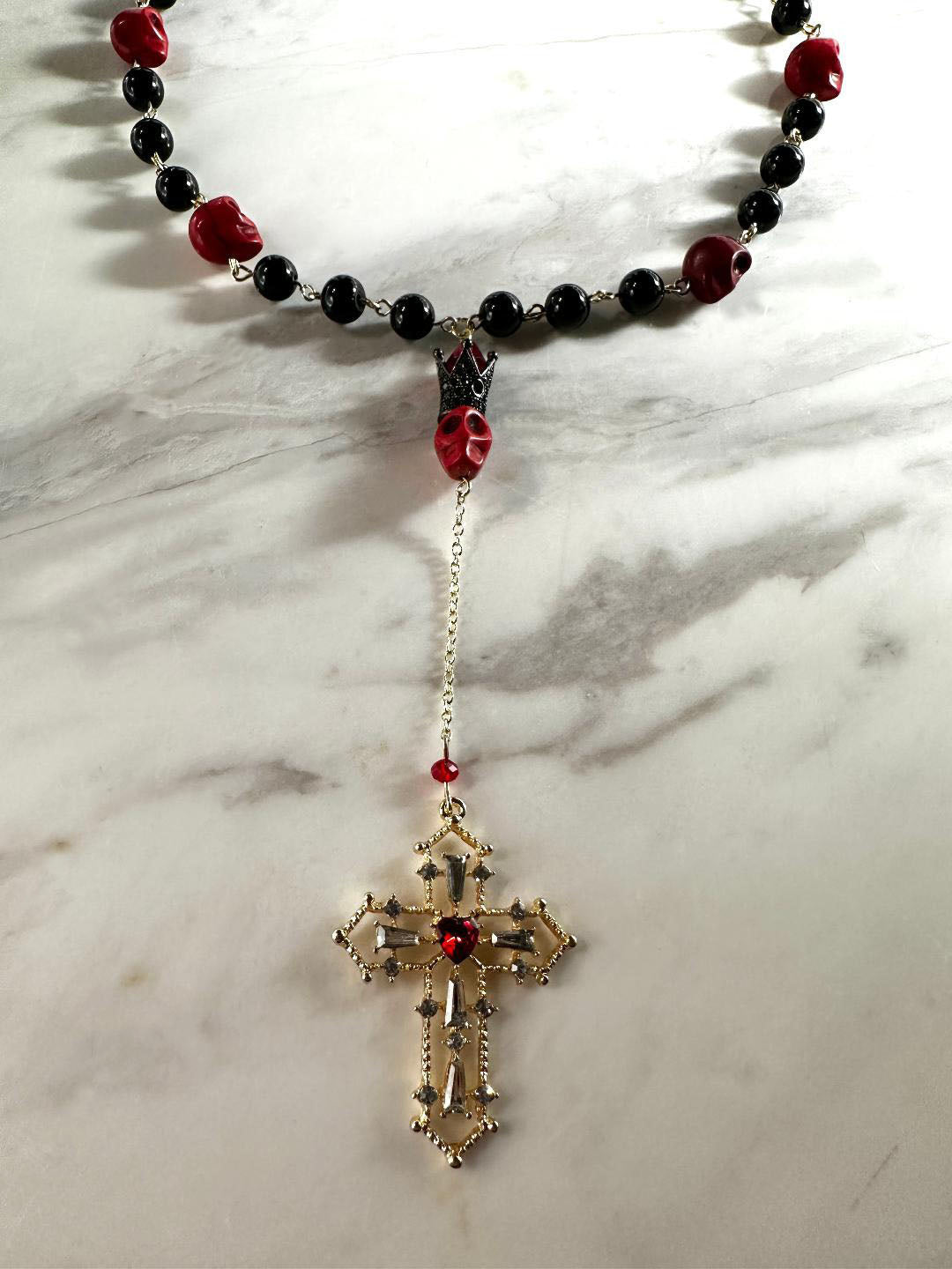 Dia de los Muertos, Gothic, Fine Jewelry, Rosary Inspired Black & Red Beads with Gold Cross Necklace