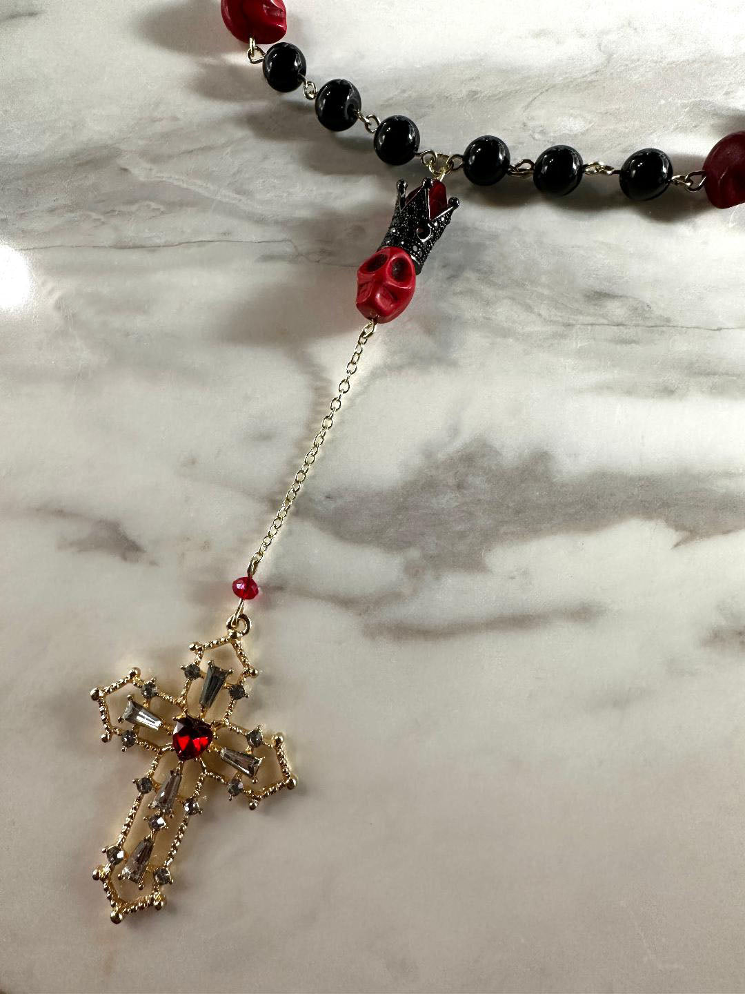 Dia de los Muertos, Gothic, Fine Jewelry, Rosary Inspired Black & Red Beads with Gold Cross Necklace