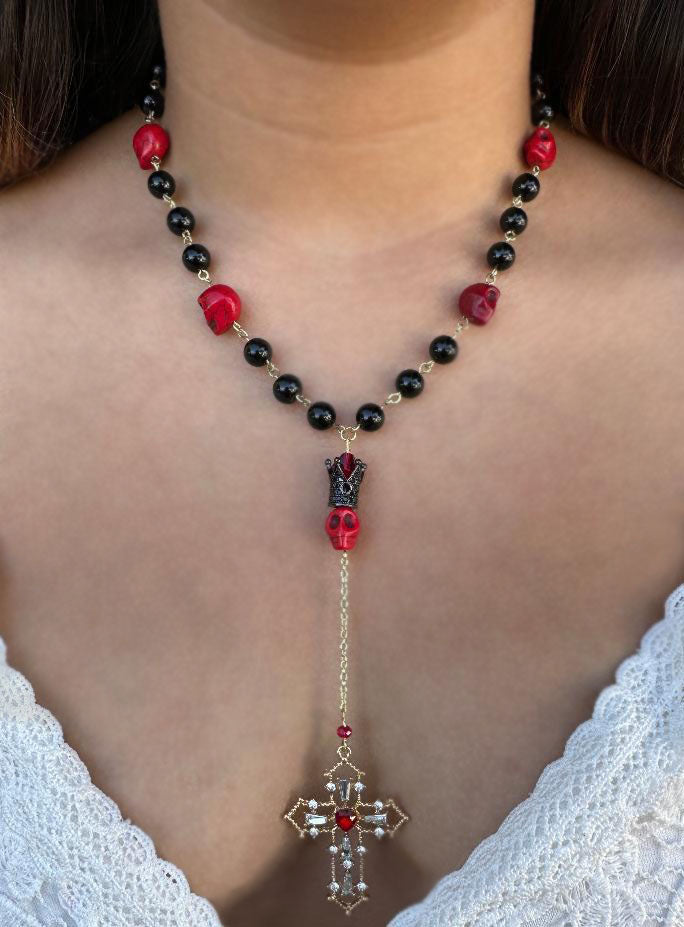 Dia de los Muertos, Gothic, Fine Jewelry, Rosary Inspired Black & Red Beads with Gold Cross Necklace