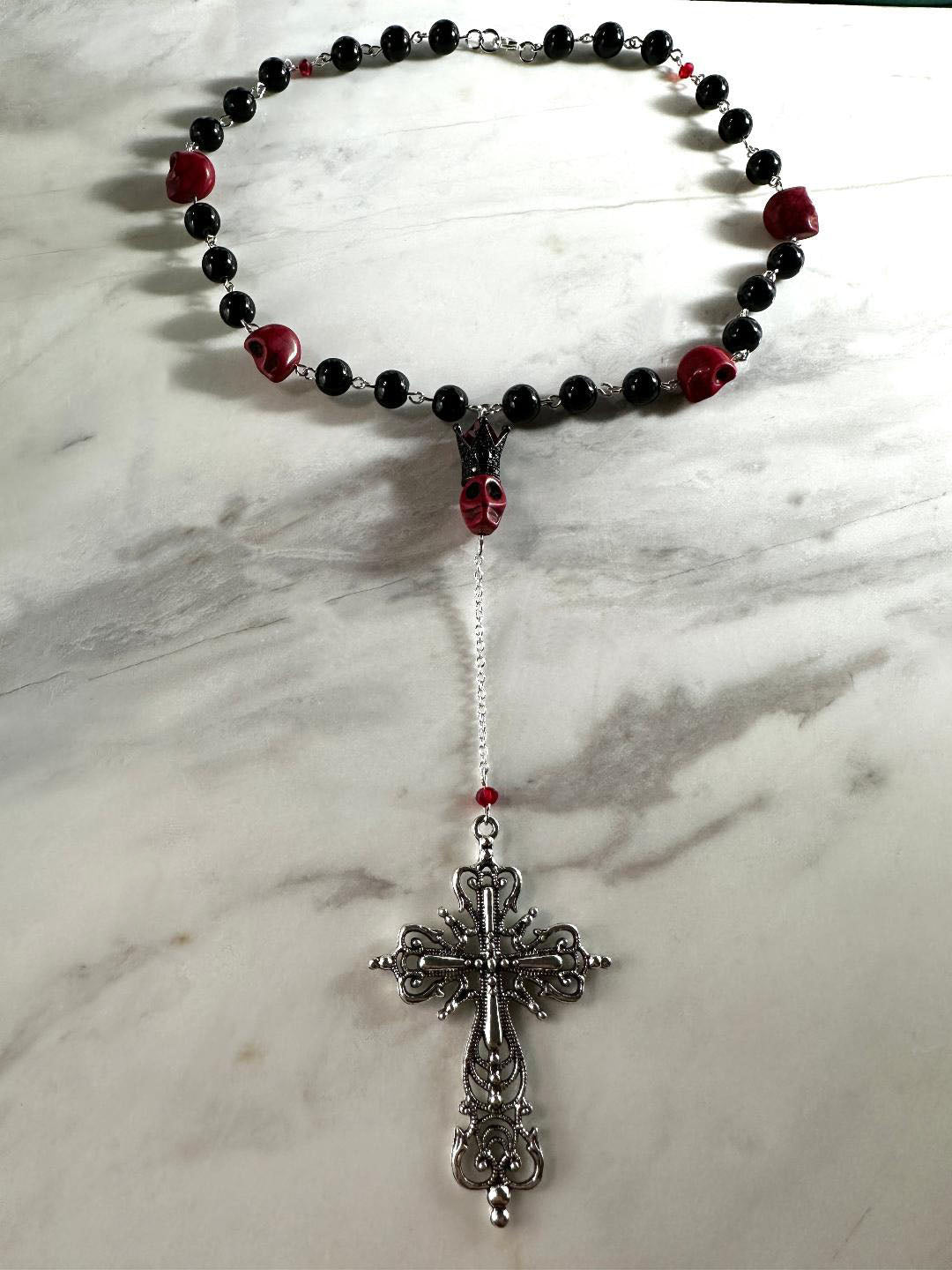 Dia de Los Muertos, Hand Made, Fine Jewelry, Rosary Inspired Black & Red Beads with Silver Cross Necklace