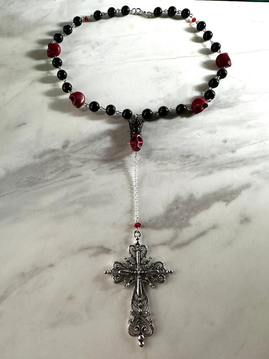 Dia de Los Muertos, Hand Made, Fine Jewelry, Rosary Inspired Black & Red Beads with Silver Cross Necklace