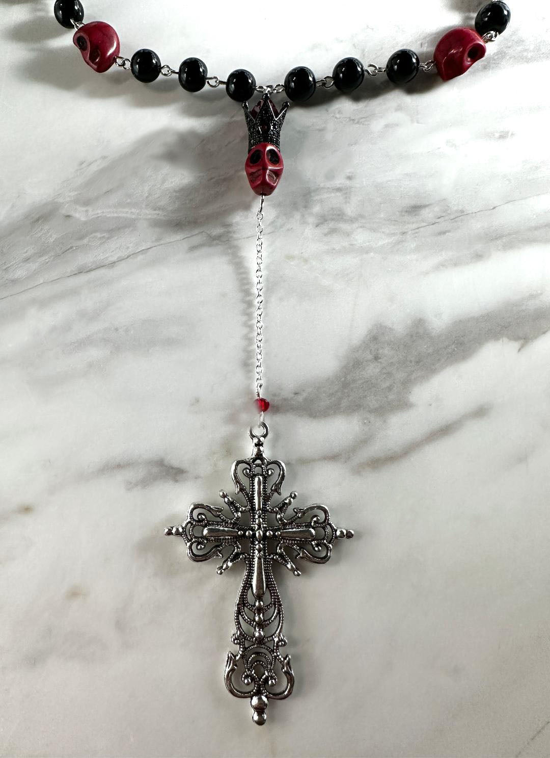 Dia de Los Muertos, Hand Made, Fine Jewelry, Rosary Inspired Black & Red Beads with Silver Cross Necklace