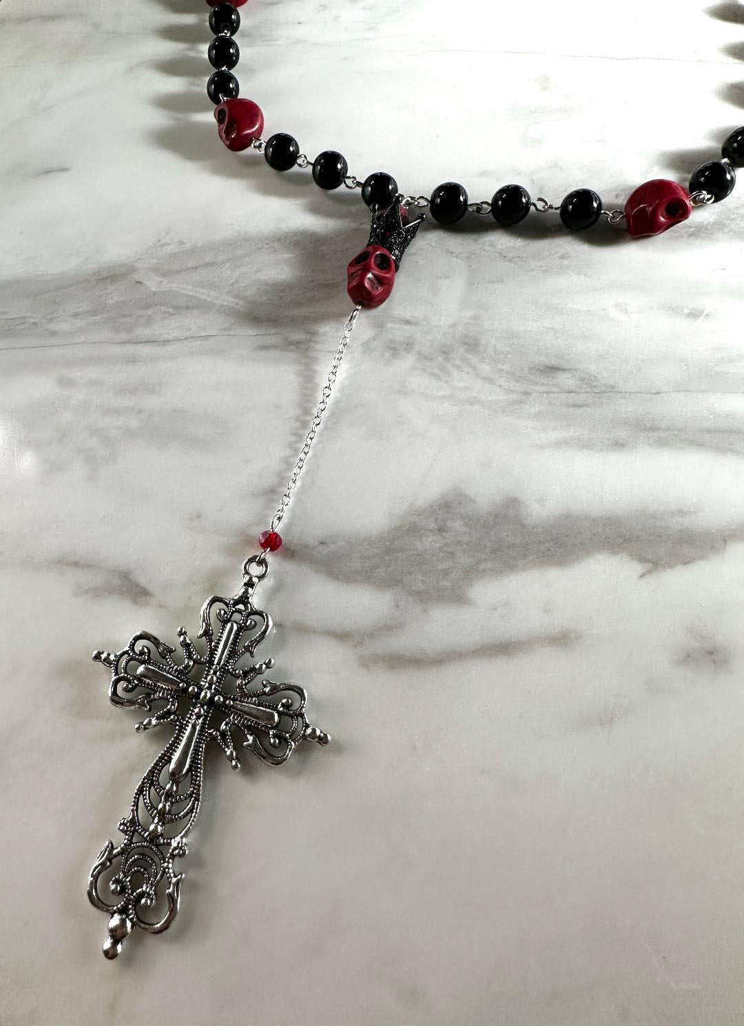 Dia de Los Muertos, Hand Made, Fine Jewelry, Rosary Inspired Black & Red Beads with Silver Cross Necklace