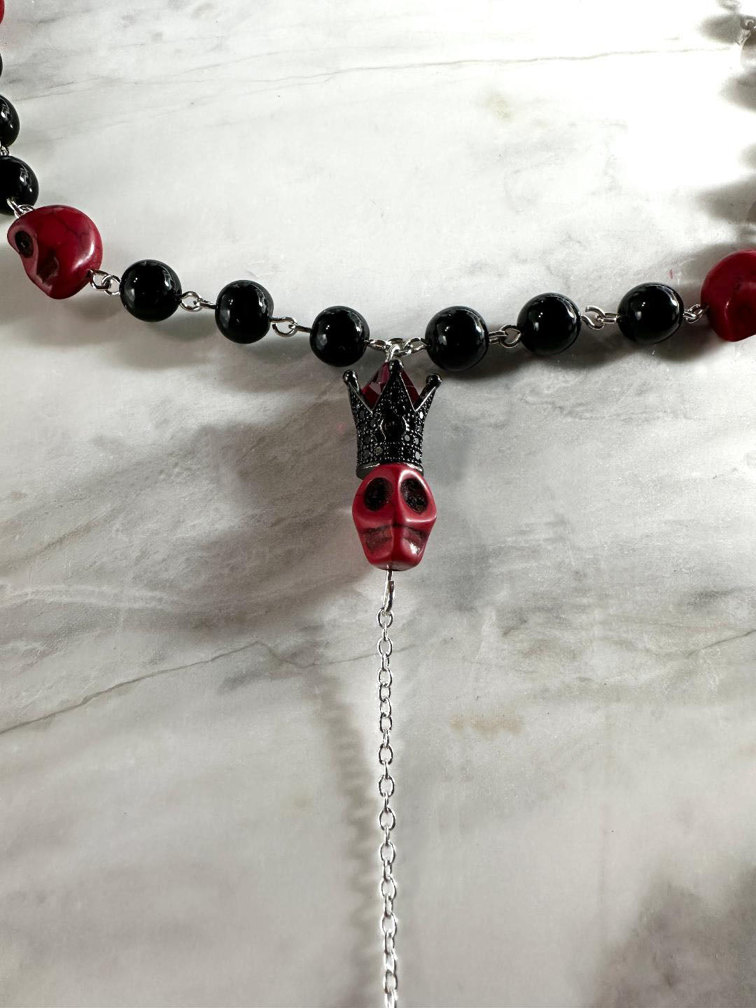 Dia de Los Muertos, Hand Made, Fine Jewelry, Rosary Inspired Black & Red Beads with Silver Cross Necklace