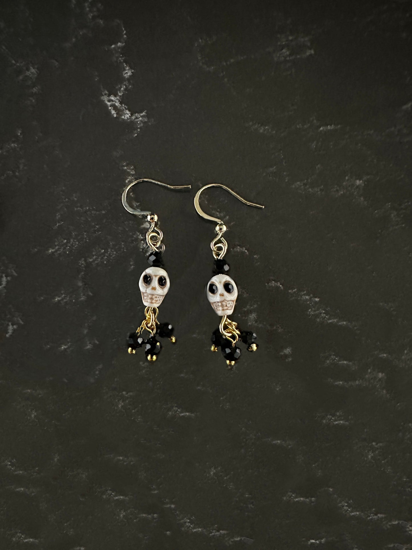 Dia De Los Muertos, Gothic, Fine Jewelry, Bead Drop With Sugar Skull Gold Plated Earrings