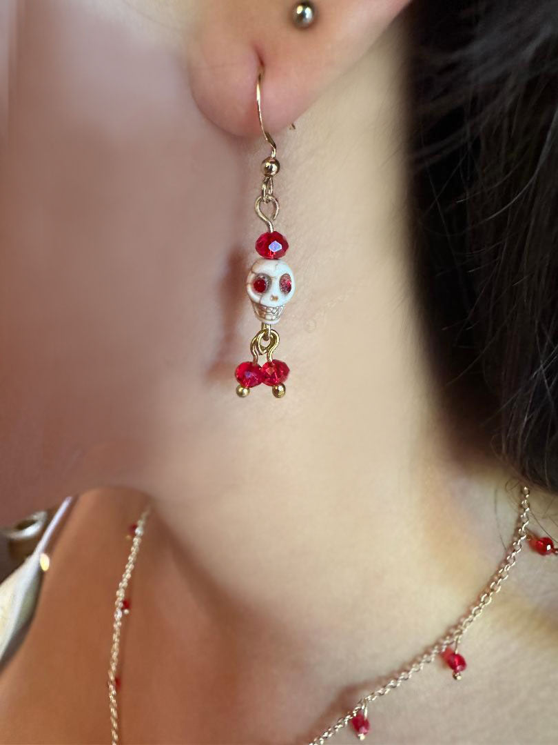 Dia De Los Muertos, Gothic, Fine Jewelry, Bead Drop With Sugar Skull Gold Plated Earrings
