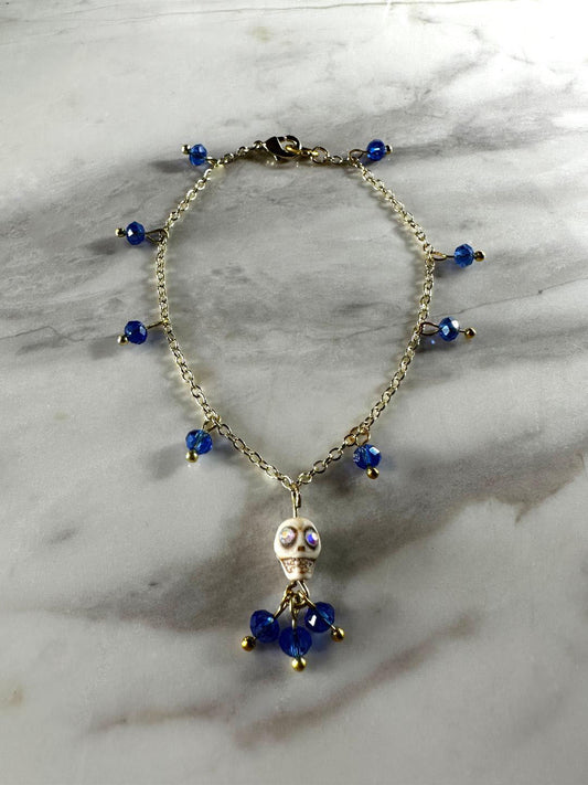 Dia De Los Muertos, Gothic, Fine Jewelry, Bead Drop With Sugar Skull Gold/Silver Plated Bracelet