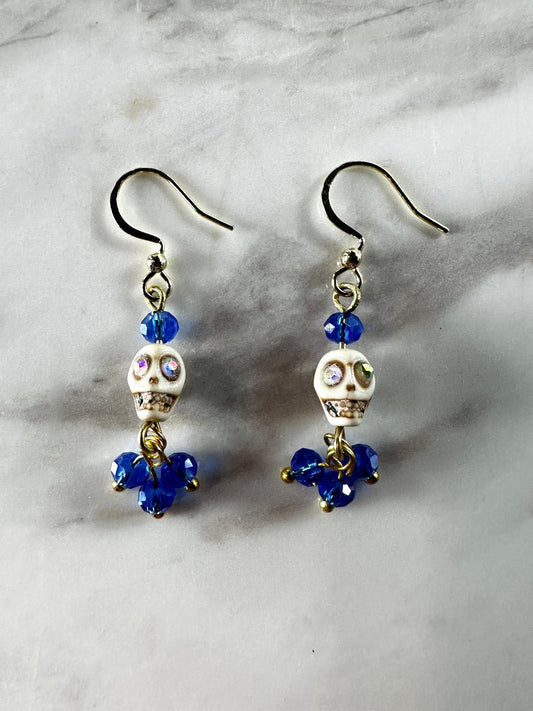 Dia De Los Muertos, Gothic, Fine Jewelry, Bead Drop With Sugar Skull Gold Plated Earrings