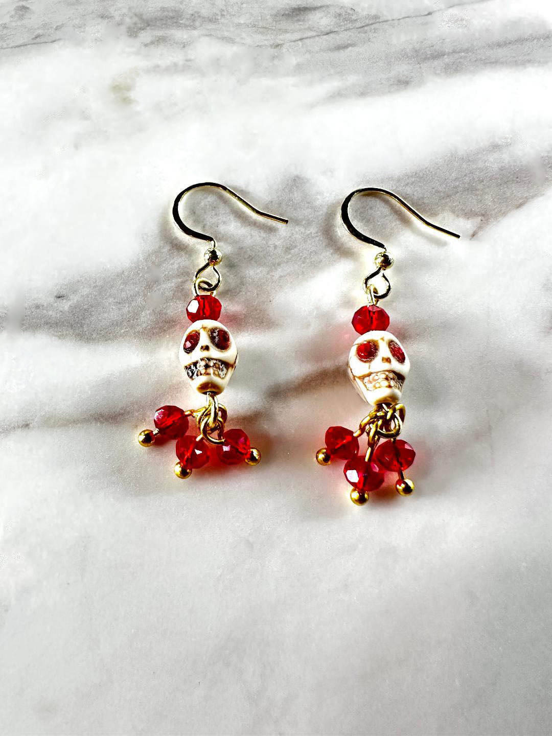 Dia De Los Muertos, Gothic, Fine Jewelry, Bead Drop With Sugar Skull Gold Plated Earrings