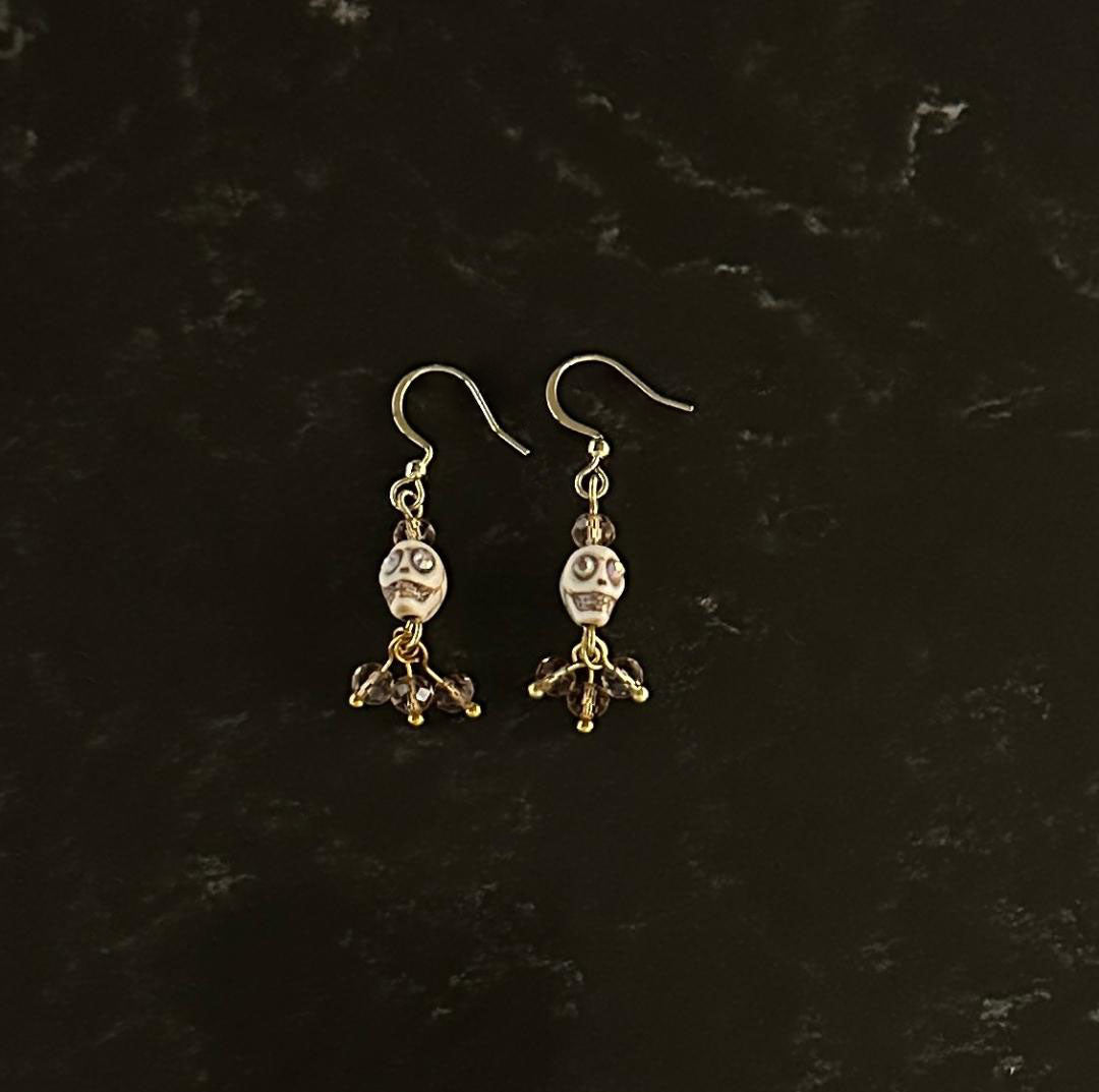 Dia De Los Muertos, Gothic, Fine Jewelry, Bead Drop With Sugar Skull Gold Plated Earrings