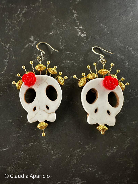 Dia De Los Muertos, This Design First Created Here, Gothic, Fine Jewelry, Sugar Skull with Red Rose With Gold Plated Crown
