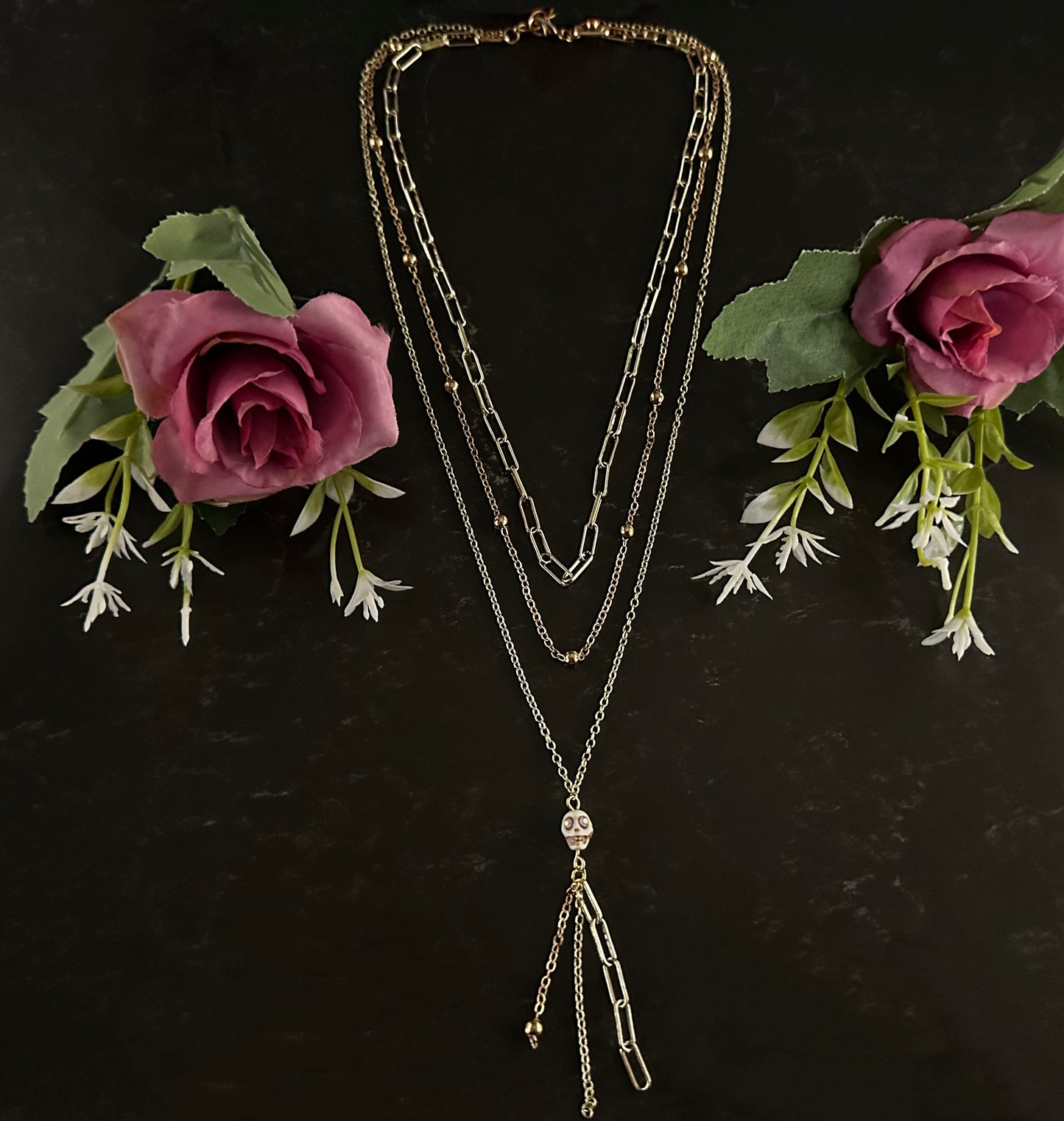 Dia De Los Muertos, Gothic, Fine Jewelry, Triple Chain, Sugar Skull With Tassel, Gold Or Silver Plated Necklace