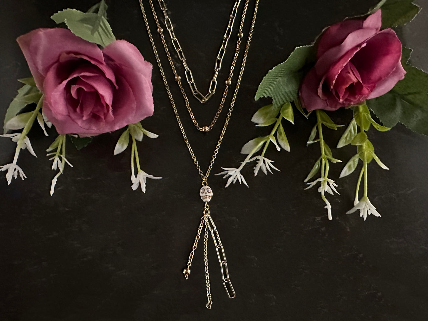 Dia De Los Muertos, Gothic, Fine Jewelry, Triple Chain, Sugar Skull With Tassel, Gold Or Silver Plated Necklace