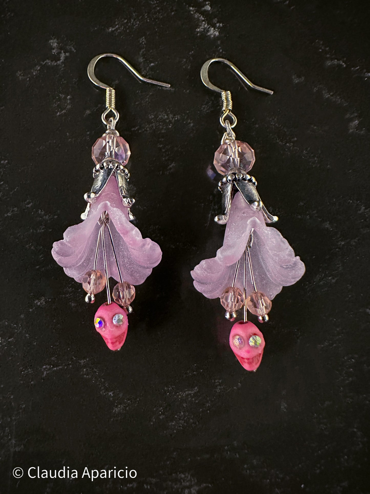 Dia De Los Muertos, Gothic, Hand Made, Fine Jewelry, Angels Trumpet, Sugar Skull, Faceted Beads,  Silver Plated  Earrings