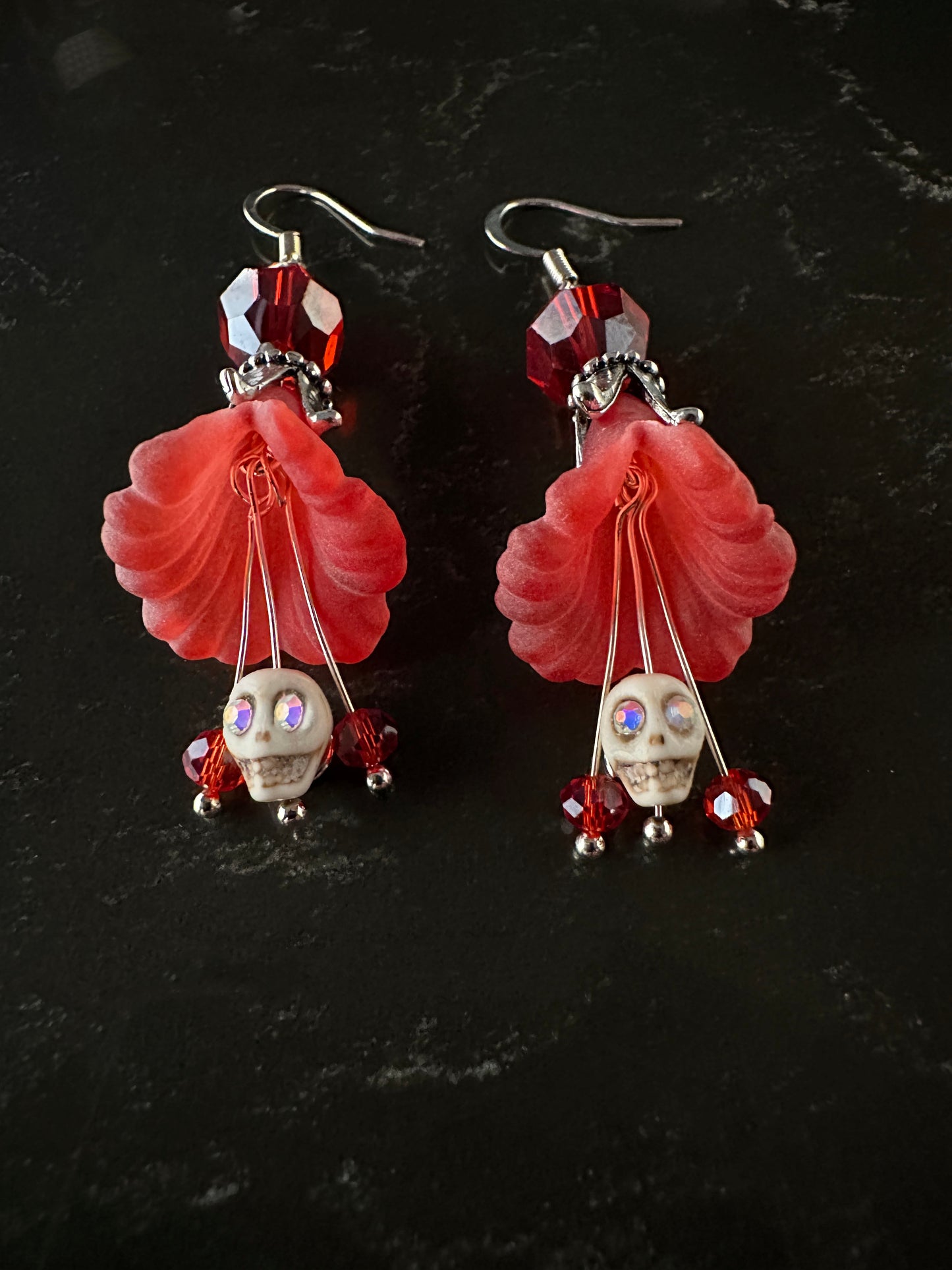 Dia De Los Muertos, Gothic, Hand Made, Fine Jewelry, Angels Trumpet, Sugar Skull, Faceted Beads,  Silver Plated  Earrings