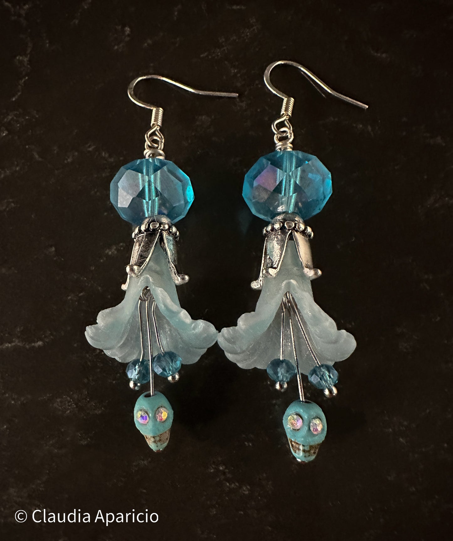 Dia De Los Muertos, Gothic, Hand Made, Fine Jewelry, Angels Trumpet, Sugar Skull, Faceted Beads,  Silver Plated  Earrings