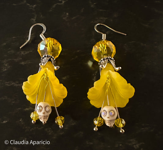 Dia De Los Muertos, Gothic, Hand Made, Fine Jewelry, Angels Trumpet, Sugar Skull, Faceted Beads,  Silver Plated  Earrings