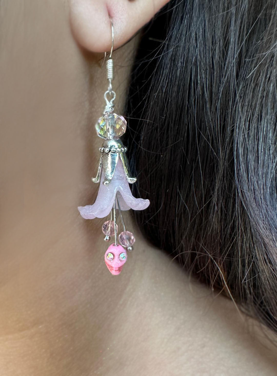 Dia De Los Muertos, Gothic, Hand Made, Fine Jewelry, Angels Trumpet, Sugar Skull, Faceted Beads,  Silver Plated  Earrings