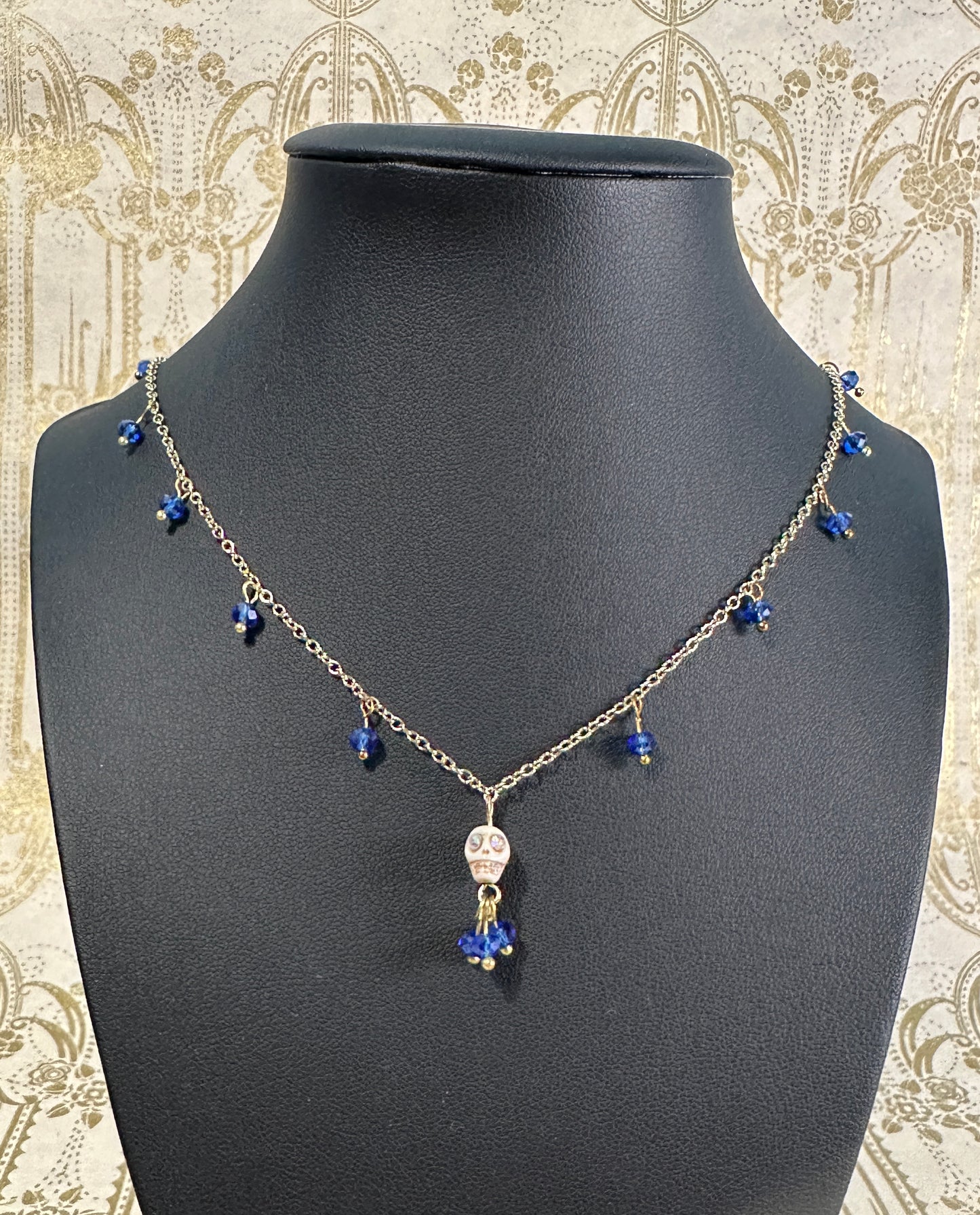 Dia De Los Muertos, Gothic, Fine Jewelry, Bead Drop With Sugar Skull, Gold Plated Necklace