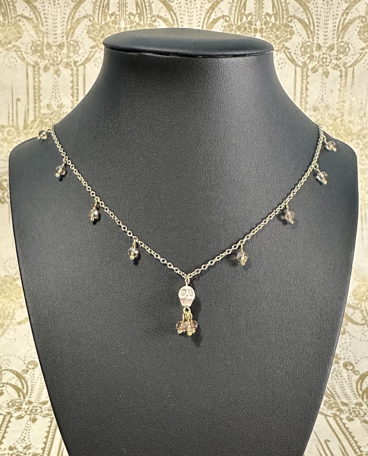 Dia De Los Muertos, Gothic, Fine Jewelry, Bead Drop With Sugar Skull, Gold Plated Necklace