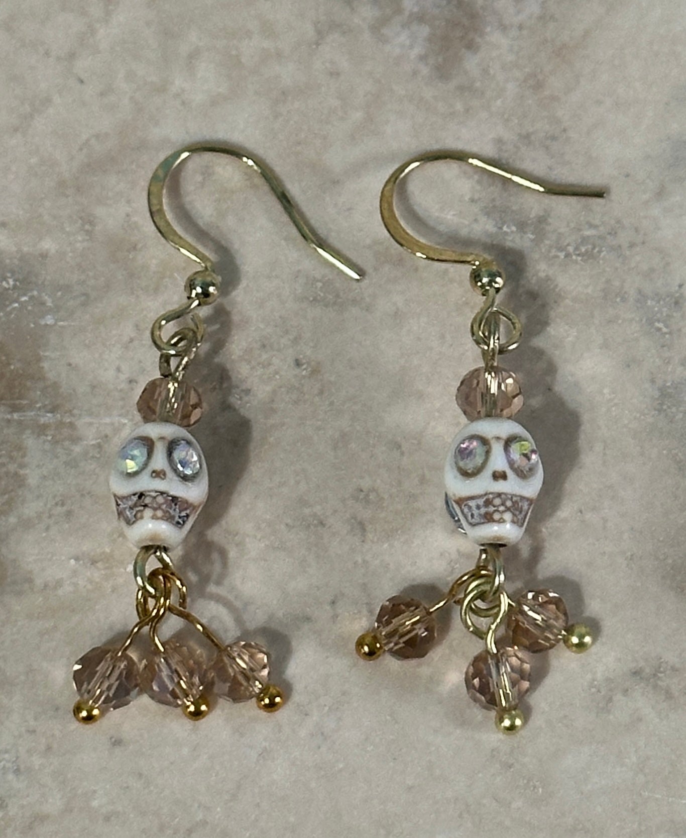 Dia De Los Muertos, Gothic, Fine Jewelry, Bead Drop With Sugar Skull, Gold Plated Earrings