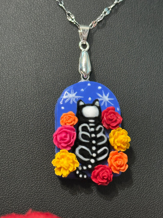 Black Cat Skeleton Night Sky with Flowers Necklace