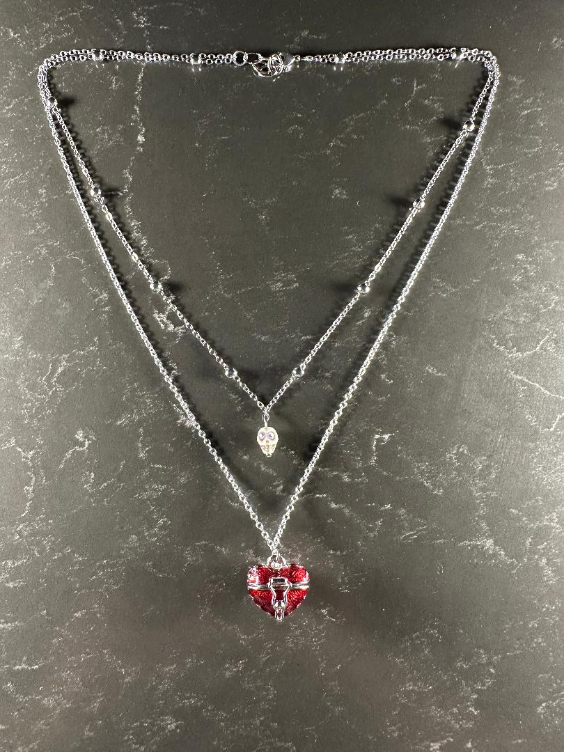 Dia De Los Muertos, Gothic, Hand Made, Fine Jewelry, Sugar Skull, Heart Locket, With silver Plated Cable Chain & Ball Chain Necklace