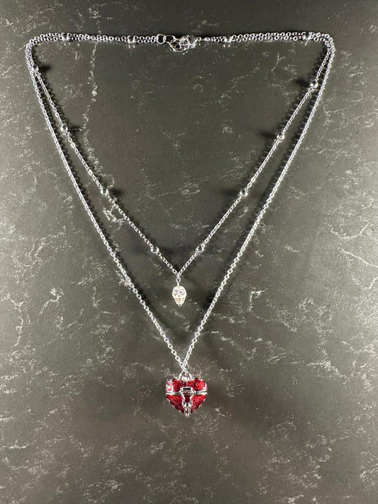 Dia De Los Muertos, Gothic, Hand Made, Fine Jewelry, Sugar Skull, Heart Locket, With silver Plated Cable Chain & Ball Chain Necklace