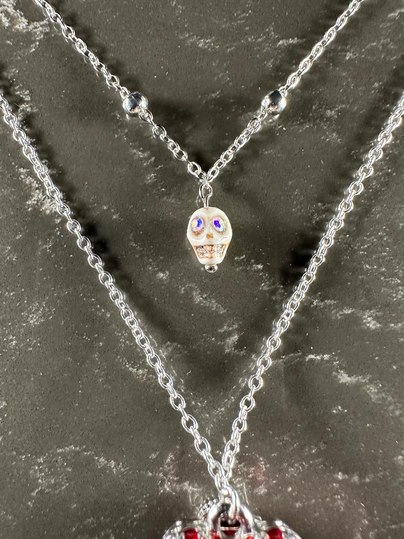 Dia De Los Muertos, Gothic, Hand Made, Fine Jewelry, Sugar Skull, Heart Locket, With silver Plated Cable Chain & Ball Chain Necklace