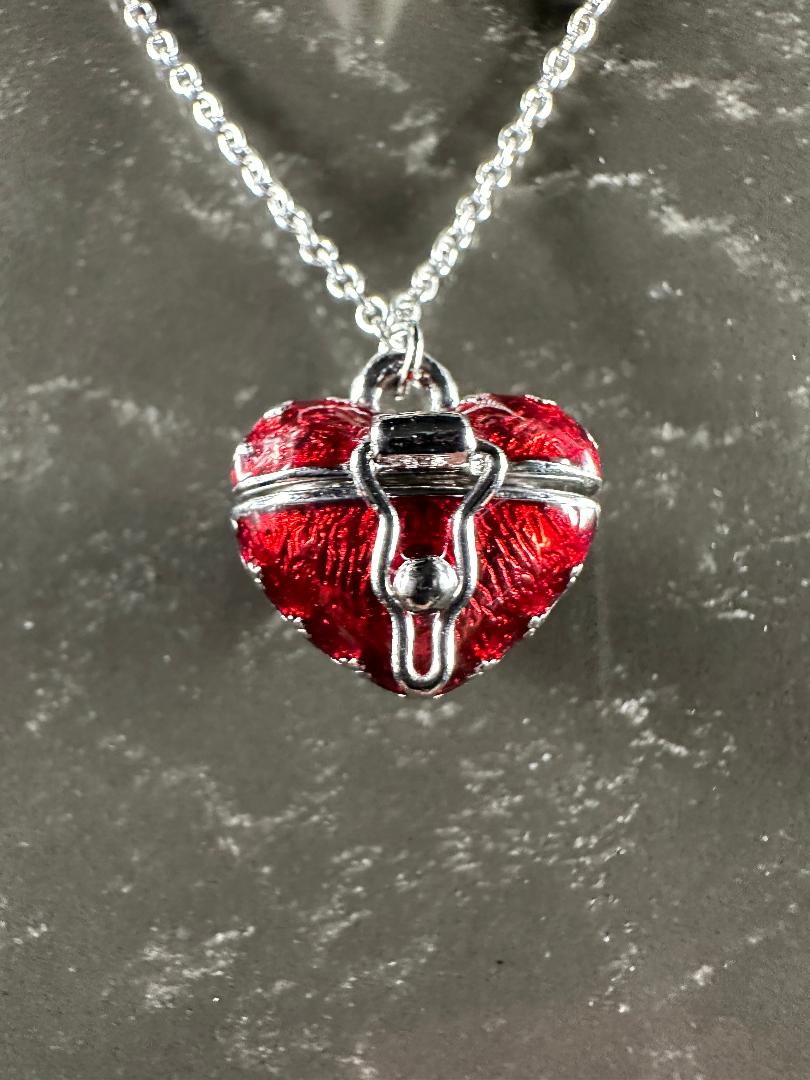 Dia De Los Muertos, Gothic, Hand Made, Fine Jewelry, Sugar Skull, Heart Locket, With silver Plated Cable Chain & Ball Chain Necklace